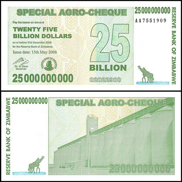 Zimbabwe 25 Billion Dollar Special Agro-Cheque, 2008, NEW - 100Trillions.com
