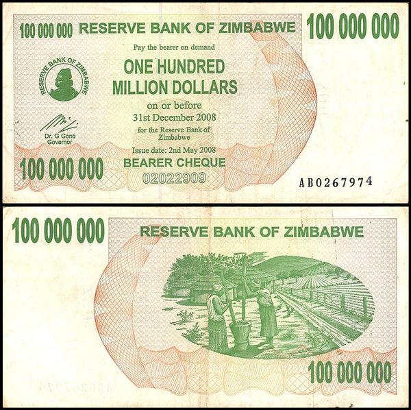 Zimbabwe 100 Million Dollar Bearer Cheque, 2008, USED - 100Trillions.com