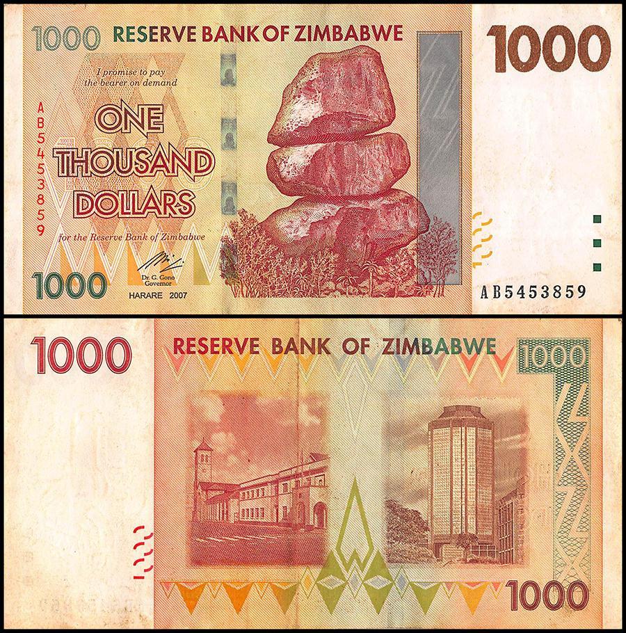 Zimbabwe 1,000 Dollar Banknote, 2007, CIR USED - 100Trillions.com