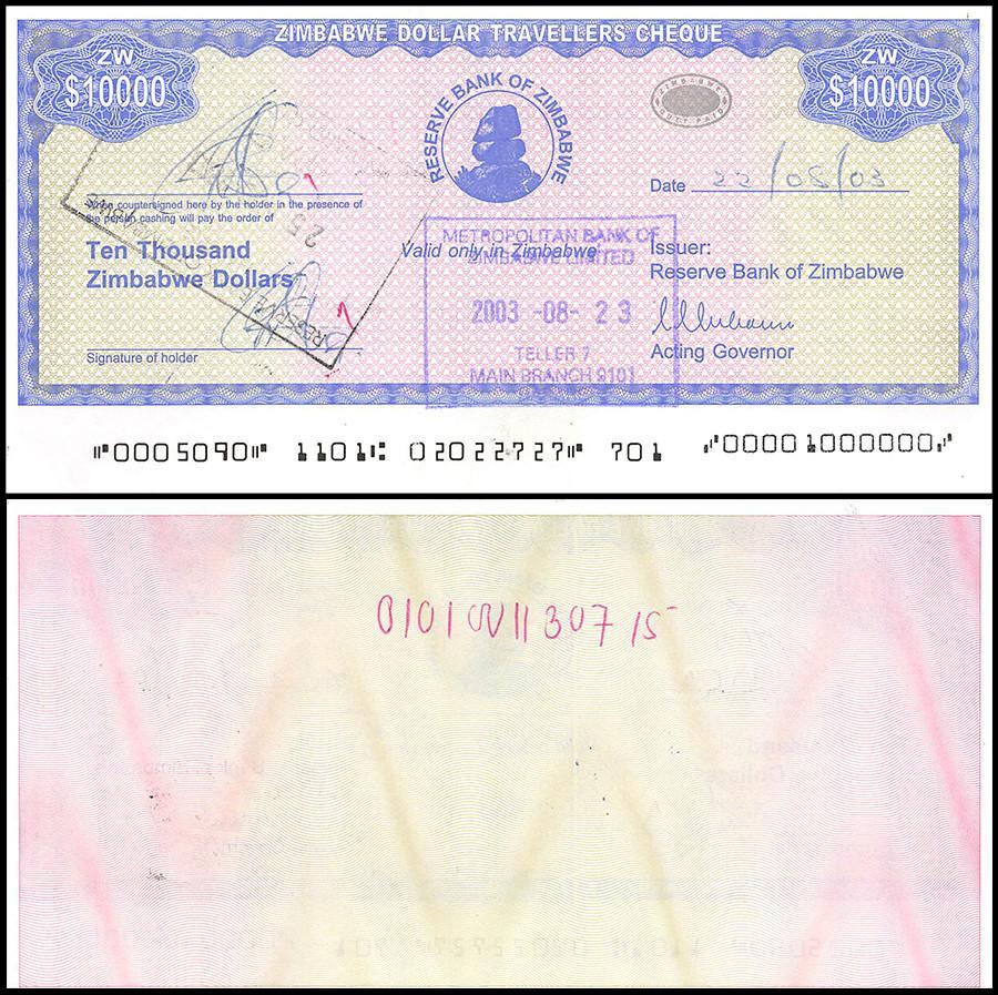 Zimbabwe 10,000 Dollar Travelers Cheque, 2003, USED - 100Trillions.com