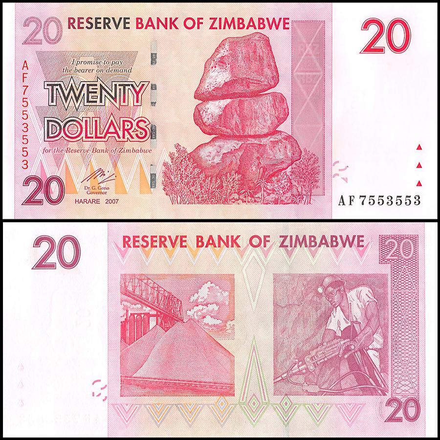 Zimbabwe 20 Dollar Banknote, 2007, NEW - 100Trillions.com