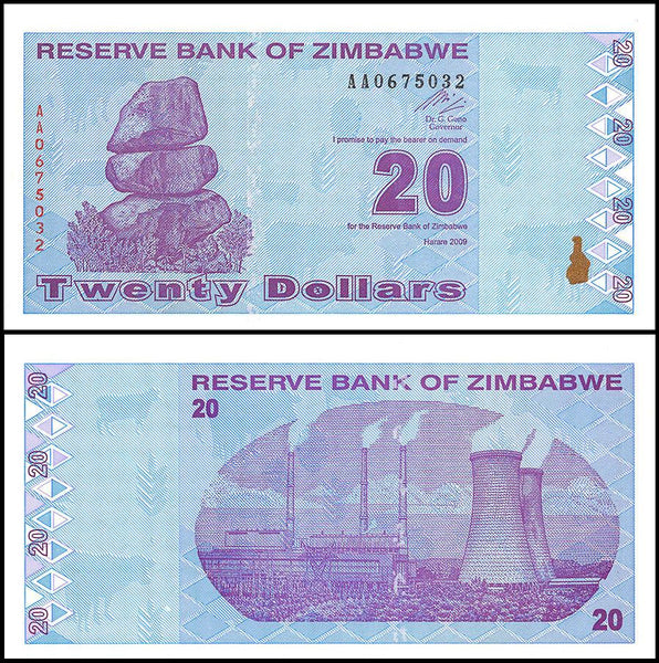 Zimbabwe 20 Dollar Banknote, 2009, NEW - 100Trillions.com