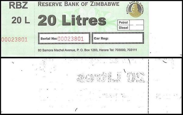 Zimbabwe 20 Litres Petril/Diesel Gas Ration Coupon, NEW - 100Trillions.com