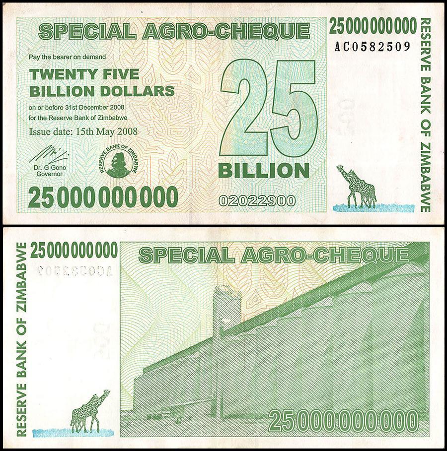 Zimbabwe 25 Billion Dollar Special Agro-Cheque, 2008, USED - 100Trillions.com