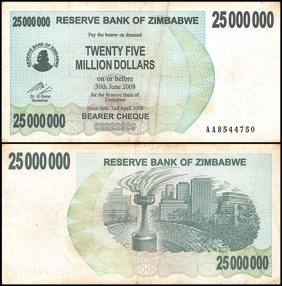 Zimbabwe 25 Million Dollar Bearer Cheque, 2008, USED - 100Trillions.com