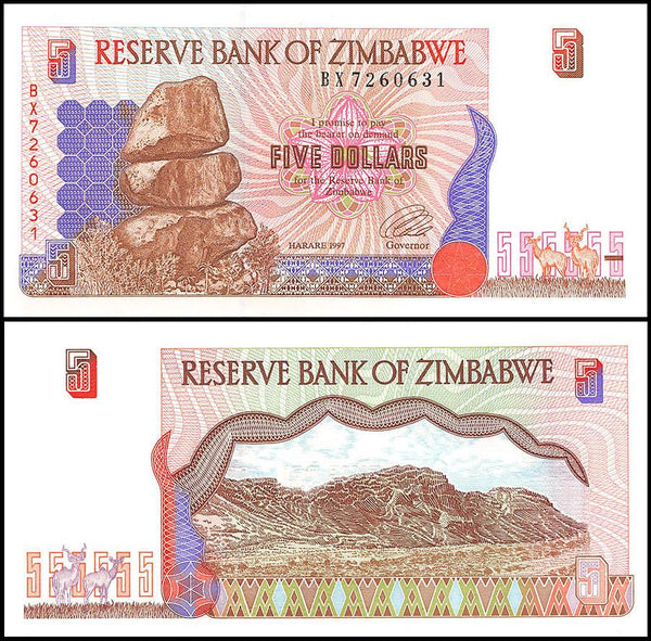 Zimbabwe 5 Dollar Banknote, 1997, NEW - 100Trillions.com
