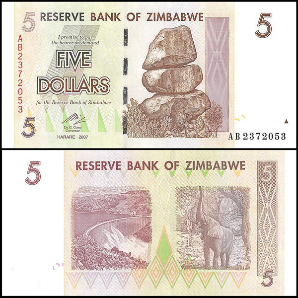 Zimbabwe 5 Dollar Banknote, 2007, NEW - 100Trillions.com