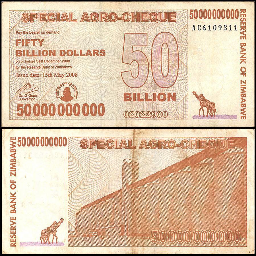 Zimbabwe 50 Billion Dollar Banknote Special Agro Cheque, 2008, USED - 100Trillions.com