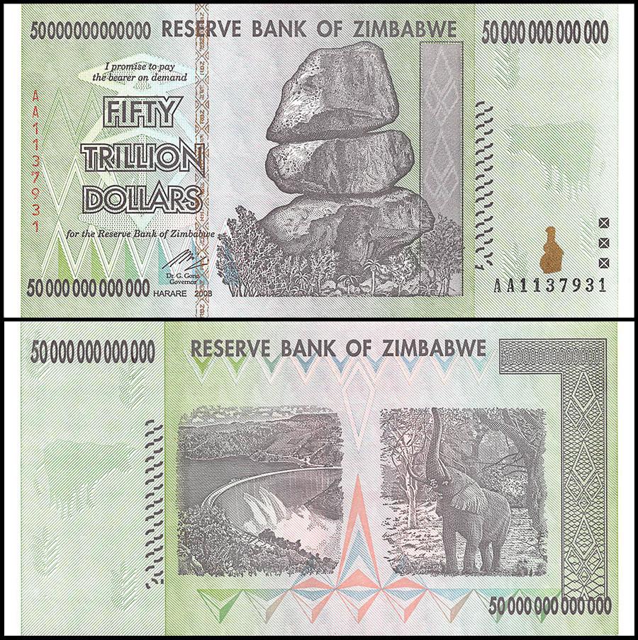 Zimbabwe 50 Trillion Dollar Banknote, 2008, AA Series, USED - 100Trillions.com