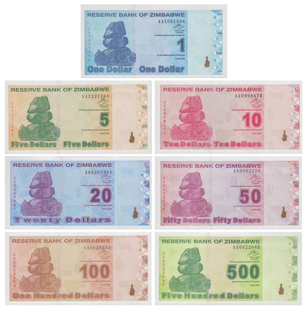 Zimbabwe Dollar 7 Pieces Full Set Banknote, 2009, NEW - 100Trillions.com