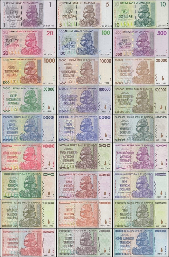 Zimbabwe Full Set $1-100 Trillion Series 27 Pieces Dollar Banknote, 2007-2008, NEW - 100Trillions.com