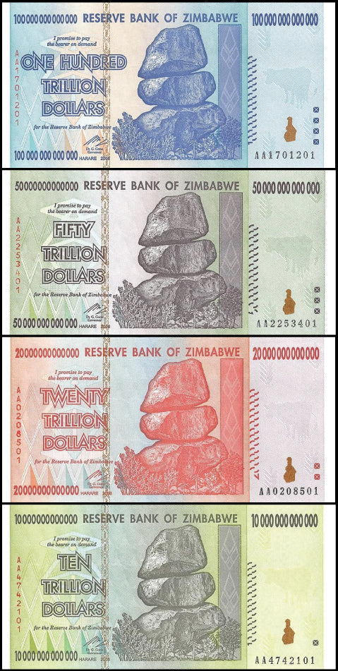 ZIMBABWE 10, 20, 50, 100 TRILLION DOLLARS 4 PIECE FULL BANKNOTE SET, 2008, AA SERIES, NEW