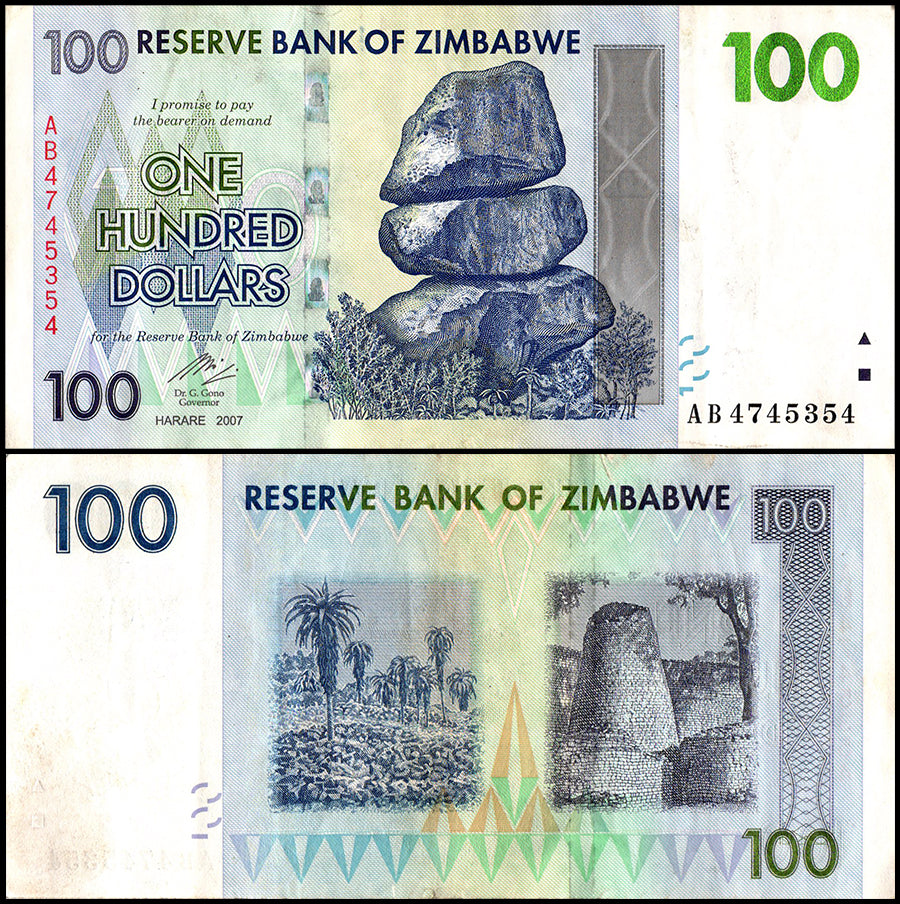 ZIMBABWE 100 DOLLAR BANKNOTE, 2007, USED