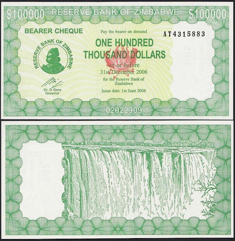 Zimbabwe 100,000 Dollar Bearer Cheque, 2006, NEW - 100Trillions.com